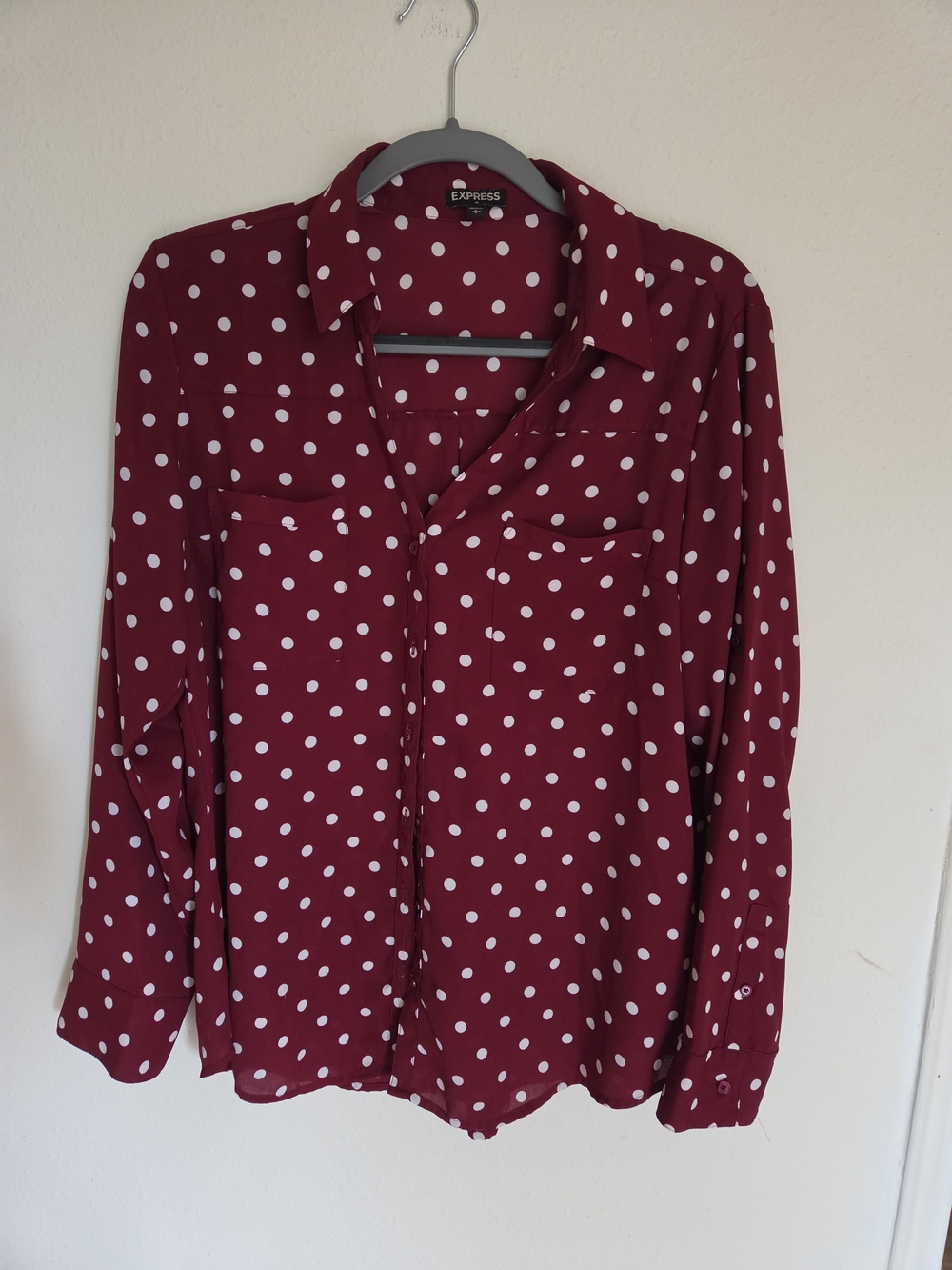Express Burgundy Polka Dot Button-Up Blouse